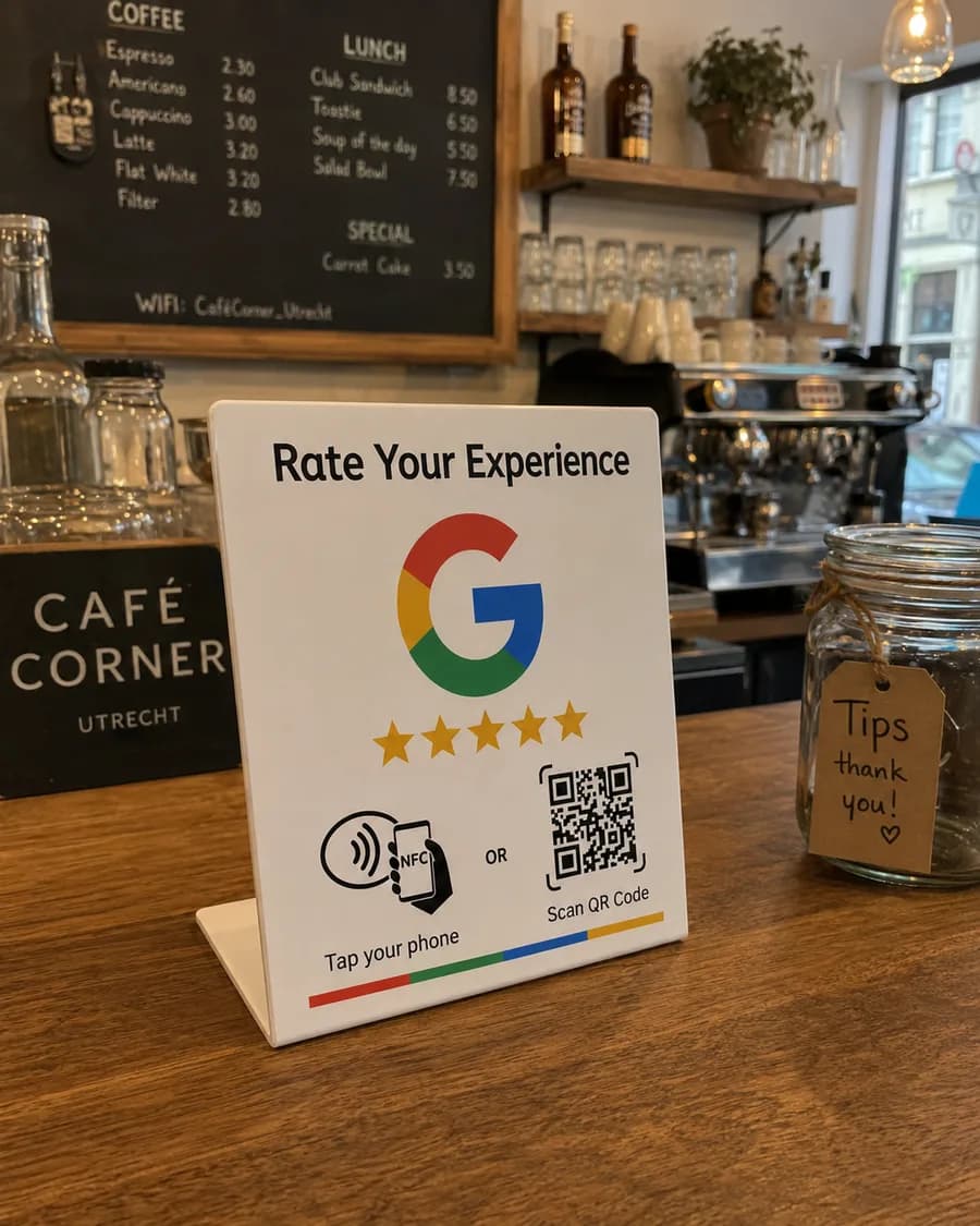 Sfeerbeeld van een reviewbordje op een balie