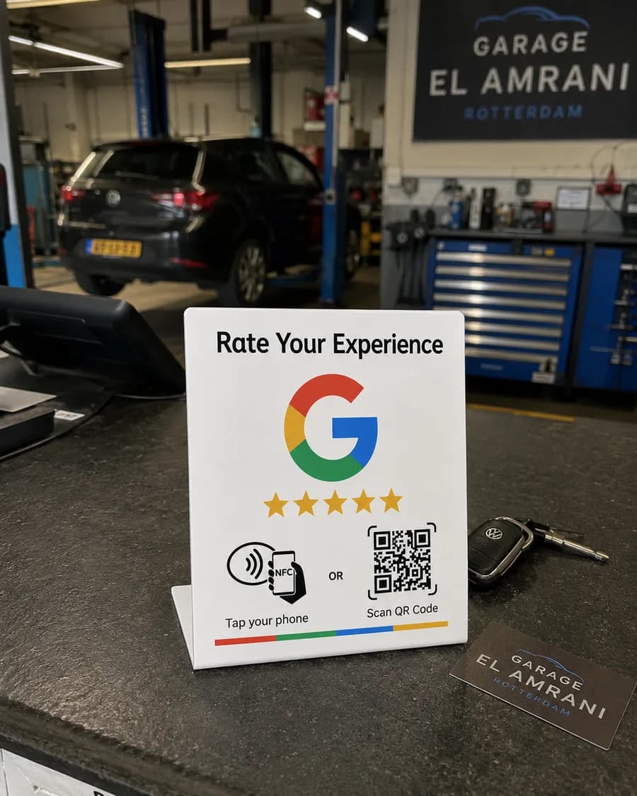 Sfeerbeeld van een reviewbordje op een balie