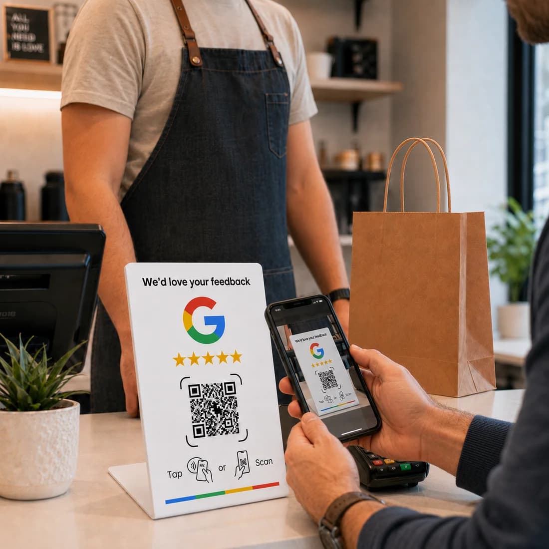 Google review bordje met NFC en QR-code op een balie