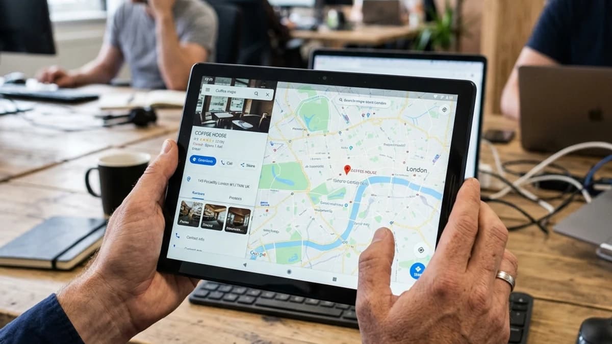 Wit Google review bordje op een balie, klaar om te koppelen aan een Google Bedrijfsprofiel