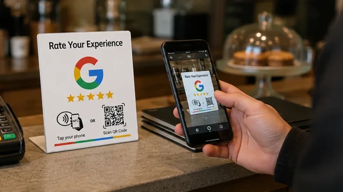 Google review bordje op een balie, onderdeel van een lokale SEO-strategie