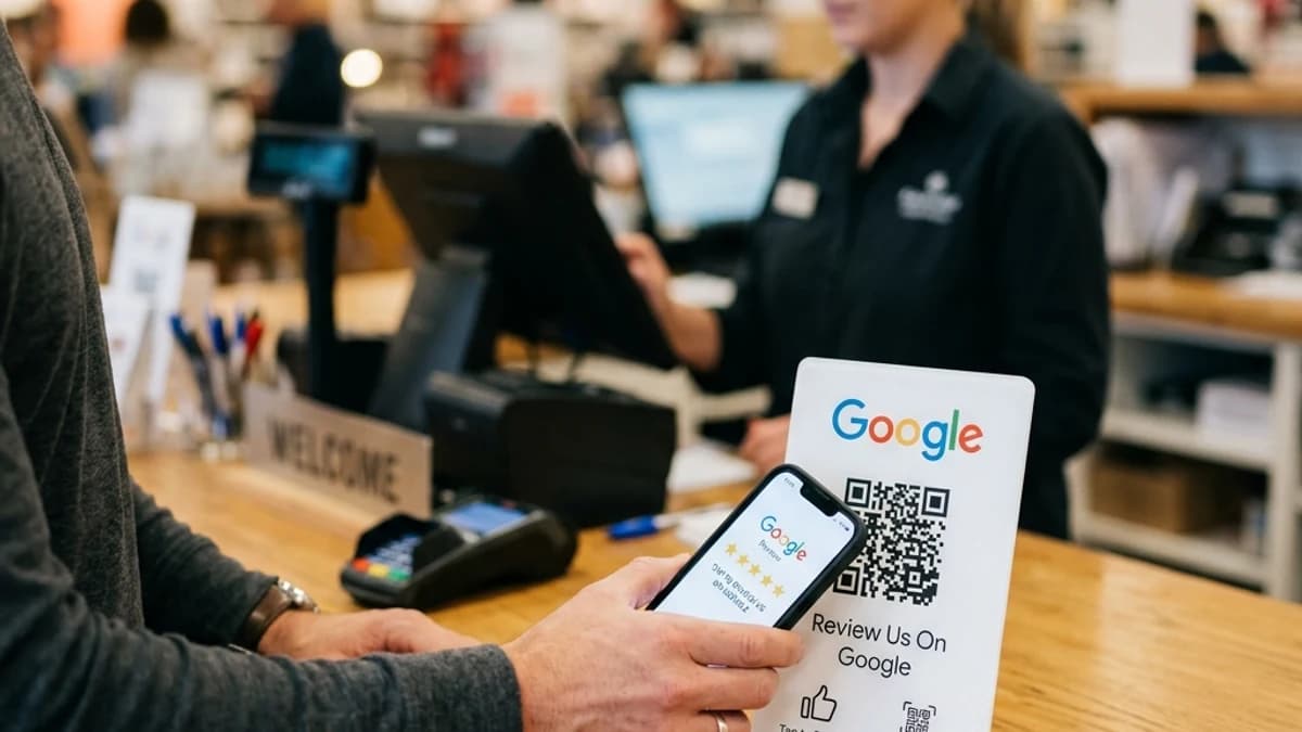 Google review bordje wit op een balie waar een klant een review achterlaat