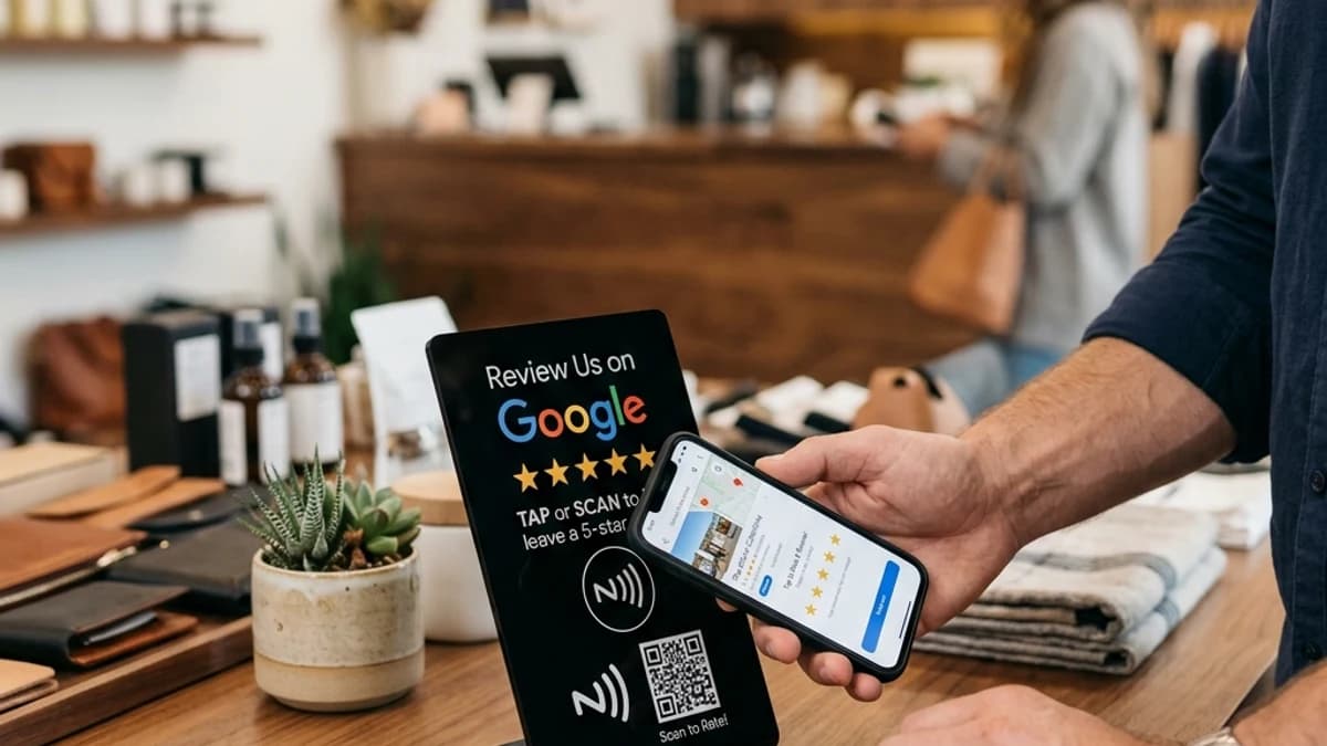 Google review bordje met NFC en QR-code op een balie