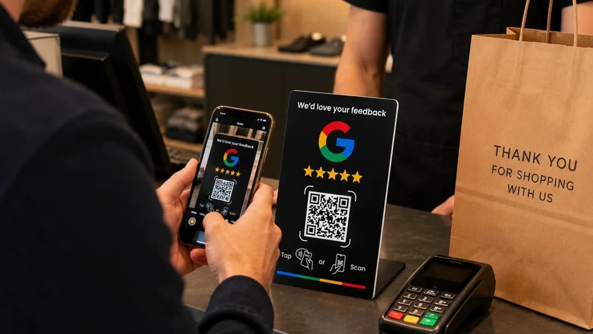 Zwart Google review bordje op een balie