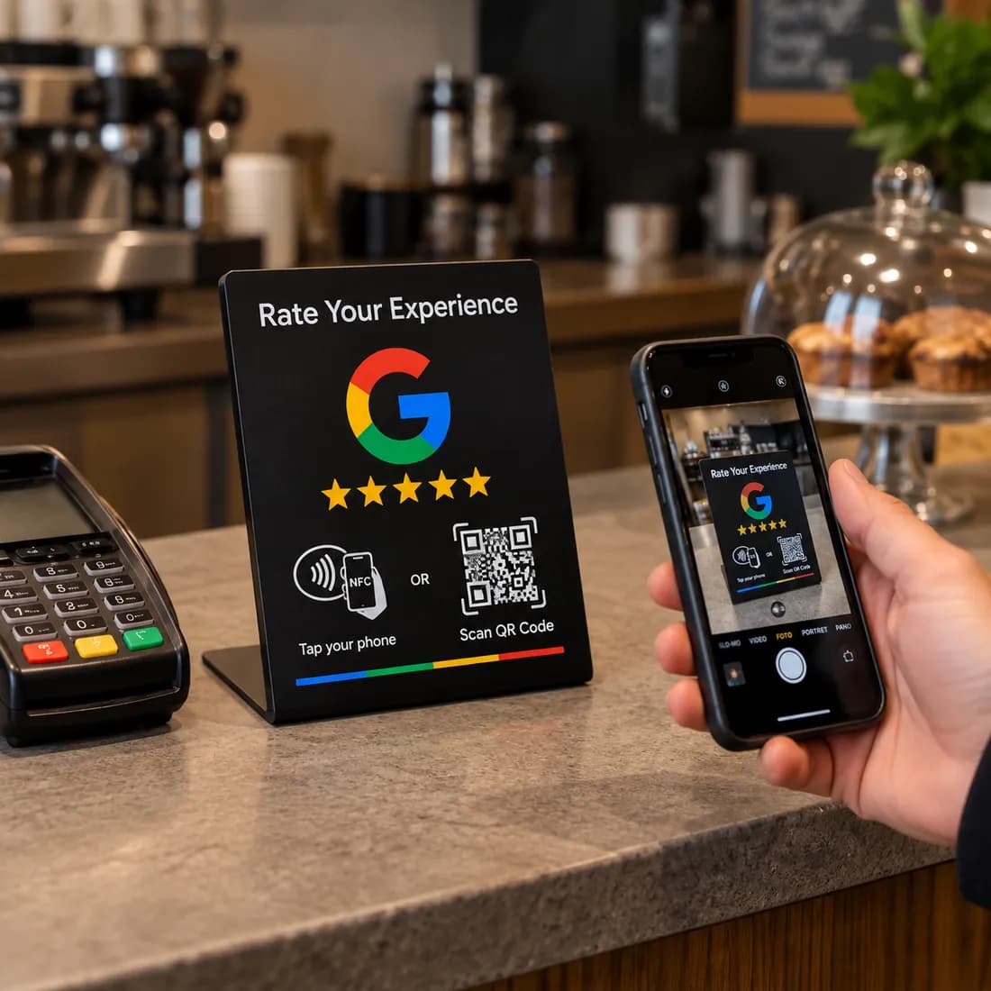 Google review bordje XL in een winkel bij de kassa